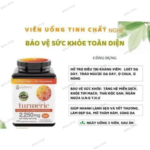 Viên uống tinh chất nghệ Youtheory 2250mg - Hỗ trợ tiêu hóa, chống viêm, tăng cường miễn dịch và làm đẹp da tự nhiên