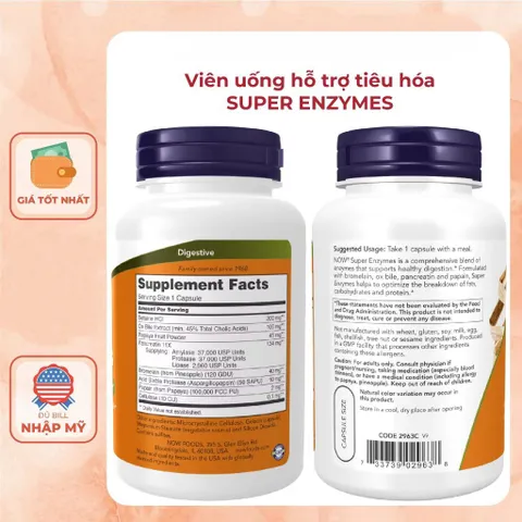 Viên uống hỗ trợ tiêu hóa NOW Super Enzymes - Tăng cường hấp thụ dinh dưỡng, giảm đầy hơi, khó tiêu, sức khỏe đường ruột tối ưu