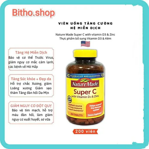 Viên uống tăng cường miễn dịch Nature Made Super C với D3 và Kẽm - 200 viên Vitamin Hỗ Trợ Sức Khỏe Tốt Nhất