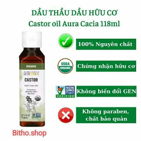 Dầu Thầu Dầu Hữu Cơ Aura Cacia - Dưỡng Da Mịn Màng & Tóc Suôn Mượt, Vitamin E Tự Nhiên, Sản Phẩm Mỹ Chất Lượng Cao