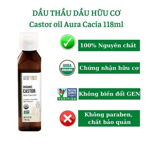 Dầu Thầu Dầu Hữu Cơ Aura Cacia - Dưỡng Da Mịn Màng & Tóc Suôn Mượt, Vitamin E Tự Nhiên, Sản Phẩm Mỹ Chất Lượng Cao