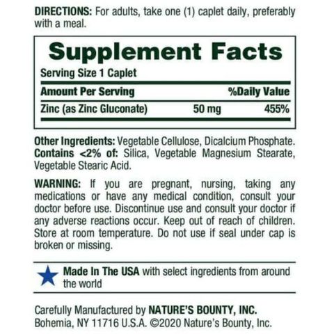 Viên uống bổ sung kẽm Nature’s Bounty 50 mg - Tăng cường miễn dịch và giảm mụn, thân thiện với người ăn chay