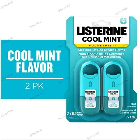 Xịt thơm miệng Listerine Pocket Mist - Hương bạc hà tươi mát, pack 2x 7.7ml, tiêu diệt 99% vi khuẩn, giải pháp tức thì cho hơi thở thơm mát.