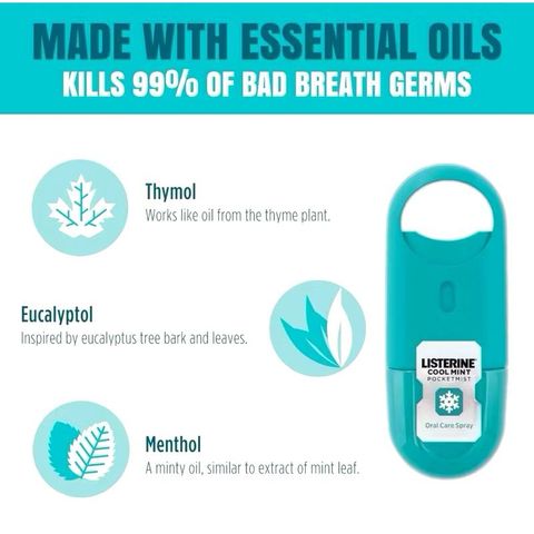 Xịt thơm miệng Listerine Pocket Mist - Hương bạc hà tươi mát, pack 2x 7.7ml, tiêu diệt 99% vi khuẩn, giải pháp tức thì cho hơi thở thơm mát.