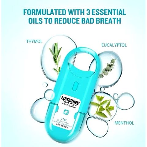 Xịt thơm miệng Listerine Pocket Mist - Hương bạc hà tươi mát, pack 2x 7.7ml, tiêu diệt 99% vi khuẩn, giải pháp tức thì cho hơi thở thơm mát.