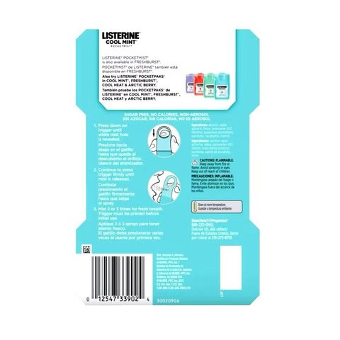 Xịt thơm miệng Listerine Pocket Mist - Hương bạc hà tươi mát, pack 2x 7.7ml, tiêu diệt 99% vi khuẩn, giải pháp tức thì cho hơi thở thơm mát.