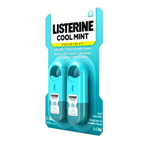 Xịt thơm miệng Listerine Pocket Mist - Hương bạc hà tươi mát, pack 2x 7.7ml, tiêu diệt 99% vi khuẩn, giải pháp tức thì cho hơi thở thơm mát.