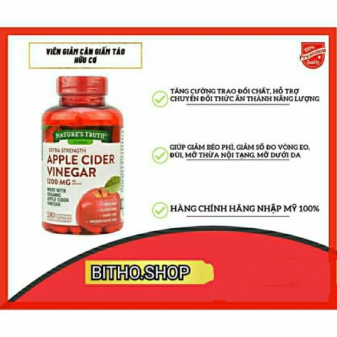 Viên uống giảm cân Apple Cider Vinegar 1200mg - Hỗ trợ đốt mỡ thừa, kiểm soát cân nặng, 180 viên, sản phẩm từ USA