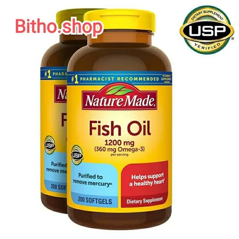 [Date 2027] Dầu cá tăng cường tim mạch, thị lực sáng mắt Fish Oil  Omega- 3 1200mg Nature Made 200v