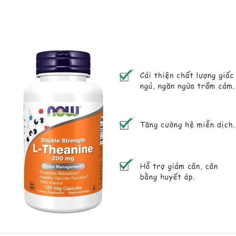 Viên uống giảm căng thẳng, bổ não và hỗ trợ giấc ngủ L-Theanine 200mg Now - Tăng cường trí nhớ, thư giãn hiệu quả
