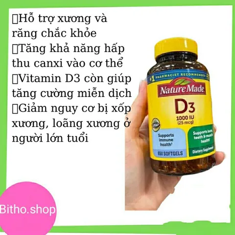 [ Date 2027] Viên uống vitamin D3 Nature Made 1000IU 650v,5000IU 100v