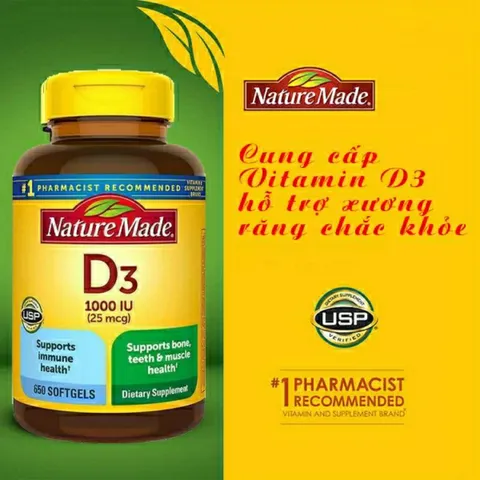 [ Date 2027] Viên uống vitamin D3 Nature Made 1000IU 650v,5000IU 100v