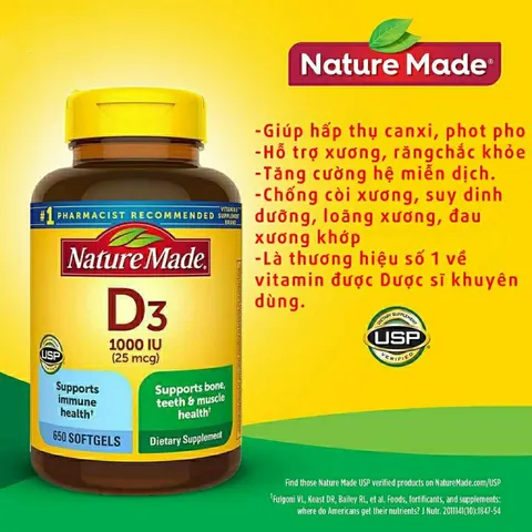 [ Date 2027] Viên uống vitamin D3 Nature Made 1000IU 650v,5000IU 100v
