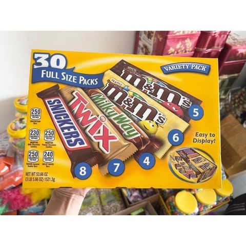 Hộp Kẹo Socola M&M Hỗn Hợp 30 Gói Full Size - Snickers, Twix, Milky Way, M&M Đậu Phộng, M&M Socola Sữa - Đặc Sản Mỹ