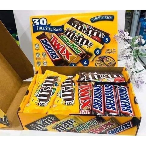 Hộp Kẹo Socola M&M Hỗn Hợp 30 Gói Full Size - Snickers, Twix, Milky Way, M&M Đậu Phộng, M&M Socola Sữa - Đặc Sản Mỹ