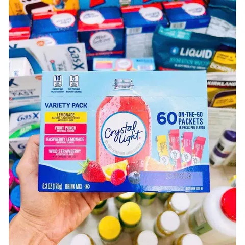 Bột trái cây pha nước ÍT CALO, không đường Crystal Light hàng Mỹ hộp 60 gói (có set lẻ 10-20g)
