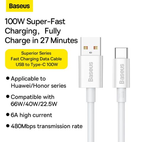 Cáp Sạc Nhanh Baseus Superior 100W USB Type-C cho Huawei Honor - Dữ liệu Sạc Nhanh An toàn, Chất lượng Cao, Tương Thích Android 6A