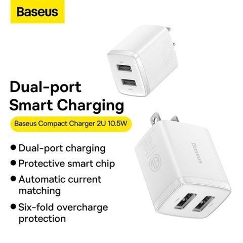 Củ Sạc Baseus Compact Charger 2 Cổng USB 10.5W - Sạc An Toàn Nhanh, Nhỏ Gọn, Chống Quá Tải, Phù Hợp Mang Theo Mọi Nơi