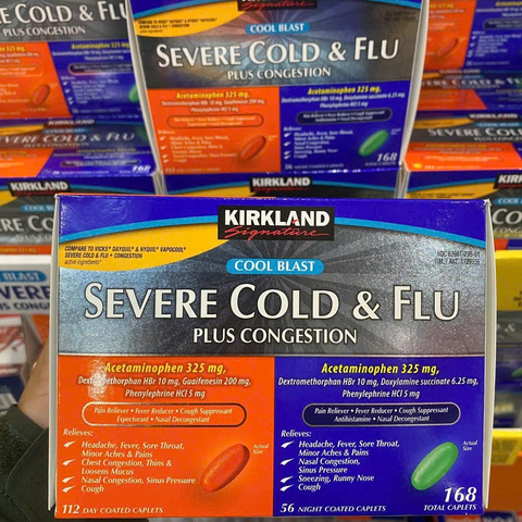 Viên ngậm Kirkland Signature Severe Cold & Flu Plus Congestion - 168 viên Giảm Đau, Sốt, Nghẹt Mũi Cho Cảm Cúm, Cảm Lạnh