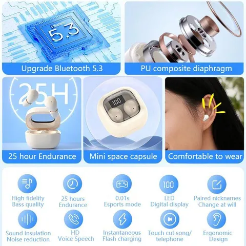 Tai nghe Bluetooth 5.3 siêu nhỏ không dây cảm ứng LED - Giảm tiếng ồn, chất lượng âm thanh HiFi, phù hợp khi ngủ và sử dụng hàng ngày