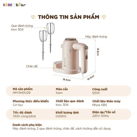 Máy đánh trứng cầm tay Bear HM-5H01J29 - Thiết bị nhà bếp tiện lợi, 5 tốc độ, công suất 125W, que inox 304 bền bỉ, dễ sử dụng cho mọi đầu bếp