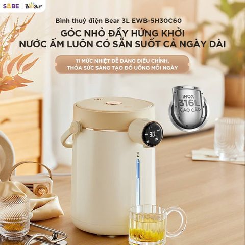 Bình Thủy Điện Bear 3L EWB-5H30C60 - Công Nghệ Khử Clo, An Toàn Cho Gia Đình, Thiết Kế Sang Trọng, Tự Động Ngắt Điện, Dễ Sử Dụng