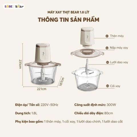 Máy Xay Thịt Bear 1.8L CH-5H03P36 - Động Cơ 300W, Xay Nhanh Chỉ Trong 6 Giây, An Toàn & Tiện Lợi Cho Gia Đình 3-5 Người