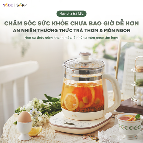 Bình pha trà thông minh Laviena Bear 1.5L - 16 chế độ nấu tự động, giữ ấm 24h, thủy tinh borosilicate cao cấp, an toàn sức khỏe