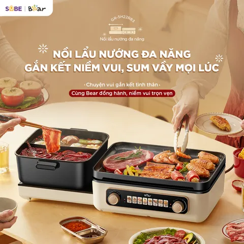 Nồi lẩu nướng đa năng Bear GR-5H22R83 - Thoải mái chế biến lẩu và nướng BBQ tiện lợi trong cùng một thiết bị 2 trong 1