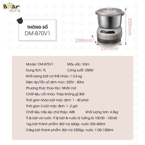 Máy trộn bột Bear DM-B70V1 7L - Thiết bị làm bánh đa năng với chức năng trộn và ủ bột hoàn hảo, dễ dàng tạo bánh ngon tại nhà.