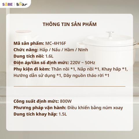 Nồi Nấu Điện Đa Năng Bear MC-4H16F - 1.6L, 800W, Thích Hợp Nấu Lẩu, Mì, Súp, Chiên Xào, Hấp Cho Gia Đình Nhỏ