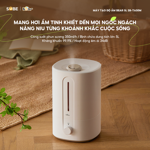 Máy Tạo Độ Ẩm Bear SB-TA50M - Tự Động Phun Sương 350ml/h, Dung Tích 5L, Kháng Khuẩn 99,9%, Thiết Kế Hiện Đại, Vận Hành Êm Ái 34dB