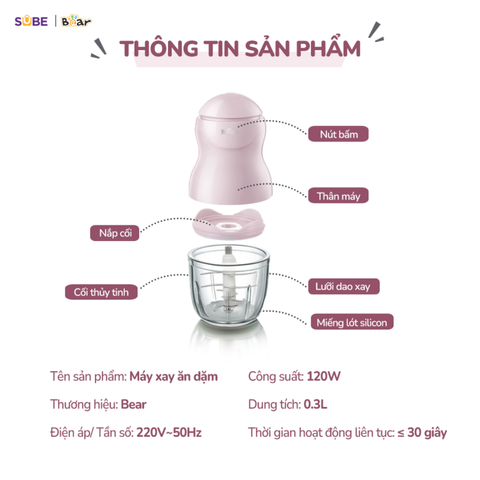 Máy Xay Thực Phẩm Bear GR-B03V8 0.3L - 8 Lưỡi Dao Inox 304, Chuyên Xay Đồ Ăn Dặm và Gia Vị, Công Suất 120W, Thiết Kế Nhỏ Gọn