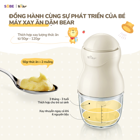 Máy Xay Thực Phẩm Bear GR-B03V8 0.3L - 8 Lưỡi Dao Inox 304, Chuyên Xay Đồ Ăn Dặm và Gia Vị, Công Suất 120W, Thiết Kế Nhỏ Gọn