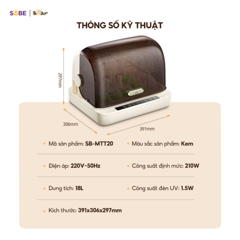 Máy Tiệt Trùng Bear SB-MTT20 - Đảm Bảo An Toàn Sức Khỏe Trẻ Nhỏ, Dung Tích 18L, Tiệt Trùng Bằng UVC, Bảo Hành 18 Tháng