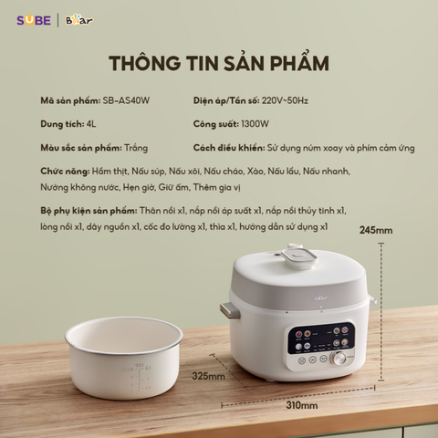 Nồi Áp Suất Bear 4L SB-AS40W - Thiết Bị Nấu Ăn Thông Minh 1300W Màu Trắng, Tiết Kiệm Thời Gian, Bảo Hành 18 Tháng