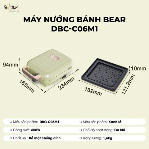 Máy Nướng Bánh Đa Năng Bear DBC-C06M1 - Nướng Sandwich, Crepe, Waffle, Rán Trứng và Xúc Xích - Thiết Bị Gia Dụng An Toàn, Chống Dính 600W