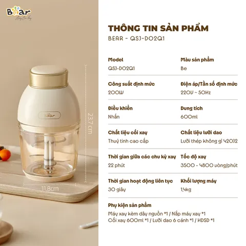 Máy Xay Ăn Dặm 0.6L Bear QSJ-D02Q1 - Đa Năng 200W, 6 Lưỡi Dao, Cối Thủy Tinh, Thiết Kế Nhỏ Gọn, Chế Biến Thực Phẩm Cho Bé