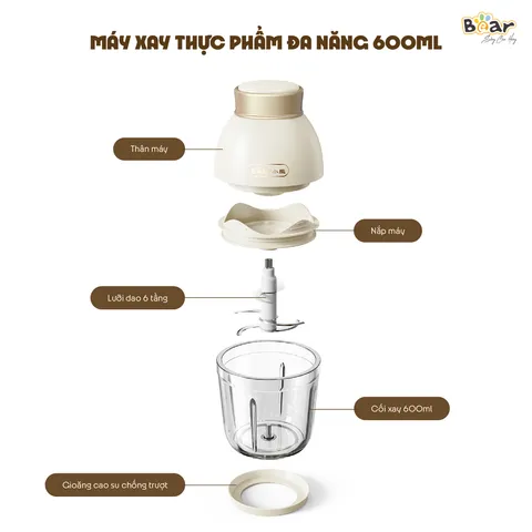 Máy Xay Ăn Dặm 0.6L Bear QSJ-D02Q1 - Đa Năng 200W, 6 Lưỡi Dao, Cối Thủy Tinh, Thiết Kế Nhỏ Gọn, Chế Biến Thực Phẩm Cho Bé