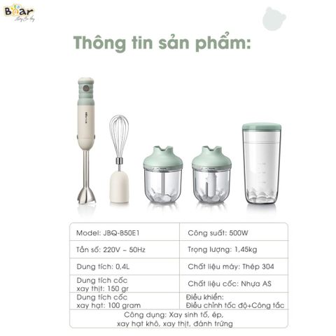 Máy Xay Đa Năng BEAR JBQ-B50E1 - Xay Ăn Dặm, Cháo, Tỏi Ớt, Đánh Trứng, Inox 304, Công Suất 500W, Tiện Lợi, Tháo Rời Dễ Vệ Sinh