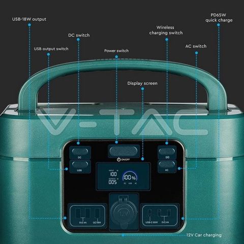 Trạm Sạc Di Động V-TAC VT-1001 - Công Suất 1200W, Dung Lượng 1050Wh, Sạc Nhanh USB-C 65W, Hỗ Trợ Năng Lượng Mặt Trời