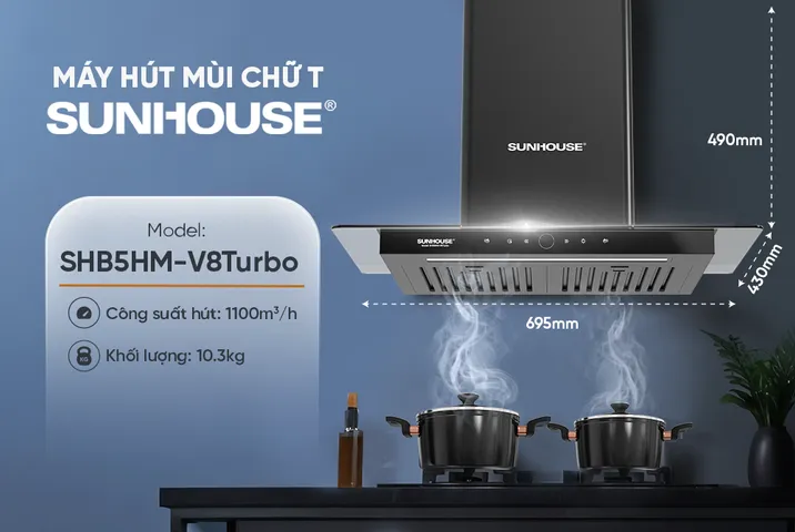 Máy Hút Mùi Chữ T SUNHOUSE SHB5HM-V8 Turbo - Công Suất 1100m3/h, Điều Khiển Cảm Ứng, Thiết Kế Sang Trọng, Âm Thanh Thấp