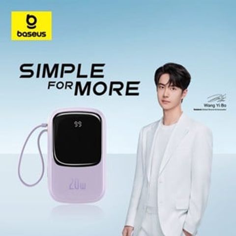 Pin Dự Phòng Baseus Airpow 20.000mAh Sạc Nhanh 20W với Dây Cáp Lightning - Thiết Kế Nhỏ Gọn, Màu Tím Pastel Thời Trang