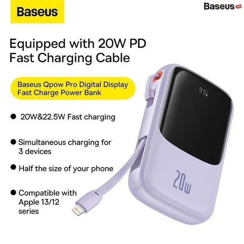 Pin Dự Phòng Baseus Airpow 20.000mAh Sạc Nhanh 20W với Dây Cáp Lightning - Thiết Kế Nhỏ Gọn, Màu Tím Pastel Thời Trang