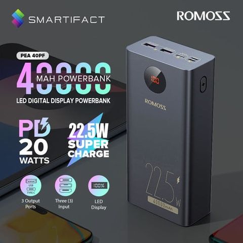 Pin Dự Phòng ROMOSS PEA40PF 40.000mAh - Sạc Nhanh 22.5W, Công Nghệ Tối Tân, Đa Cổng, Thời Gian Sử Dụng Lâu Dài, Màn Hình LED Thông Minh
