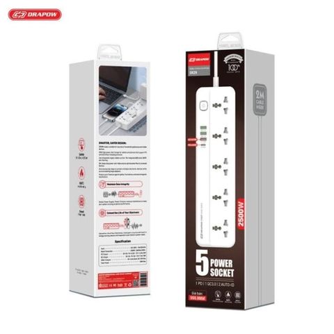 Ổ Điện Đa Năng Drapow SK29 - 5 Ổ Cắm 220V, 1 Cổng Sạc Nhanh PD 20W & 3 Cổng USB-A, An Toàn Cho Gia Đình, Thiết Kế Hiện Đại