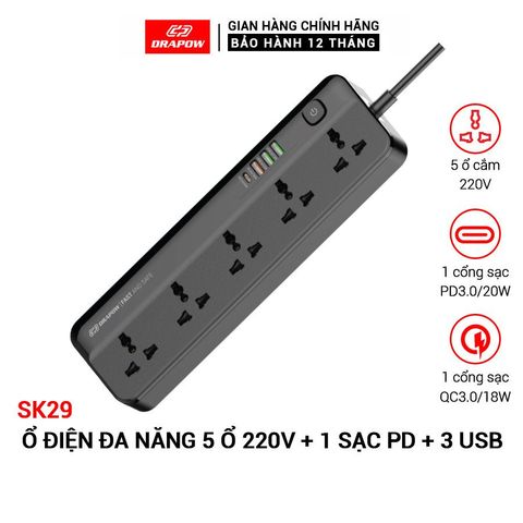 Ổ Điện Đa Năng Drapow SK29 - 5 Ổ Cắm 220V, 1 Cổng Sạc Nhanh PD 20W & 3 Cổng USB-A, An Toàn Cho Gia Đình, Thiết Kế Hiện Đại