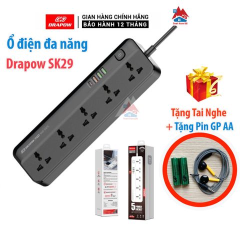 Ổ Điện Đa Năng Drapow SK29 - 5 Ổ Cắm 220V, 1 Cổng Sạc Nhanh PD 20W & 3 Cổng USB-A, An Toàn Cho Gia Đình, Thiết Kế Hiện Đại