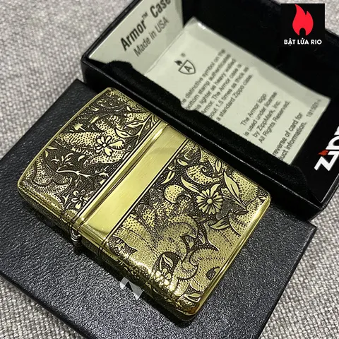 Zippo Armor Vỏ Dày Đồng Vàng Bóng Khắc Hoa Văn Sang Trọng 4 Mặt - Quà Tặng Độc Đáo Cho Người Yêu Thích Zippo