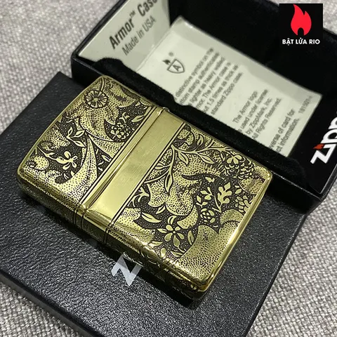 Zippo Armor Vỏ Dày Đồng Vàng Bóng Khắc Hoa Văn Sang Trọng 4 Mặt - Quà Tặng Độc Đáo Cho Người Yêu Thích Zippo